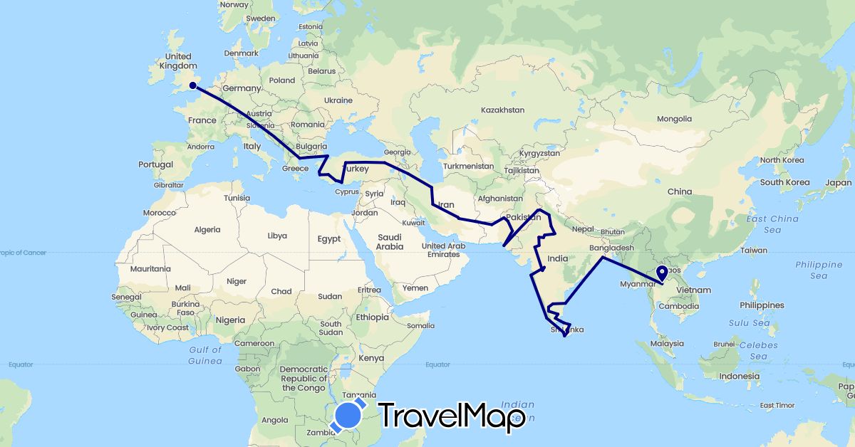 TravelMap itinerary: driving in United Kingdom, Greece, India, Iran, Sri Lanka, Pakistan, Thailand, Turkey (Asia, Europe)